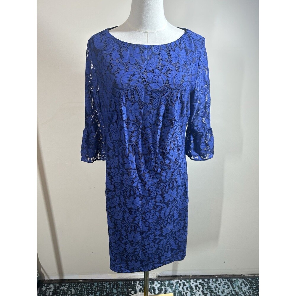 Chaps Womens Dress Size 14 Blue Floral Lined Lace Stretch 3/4 Sleeves 212